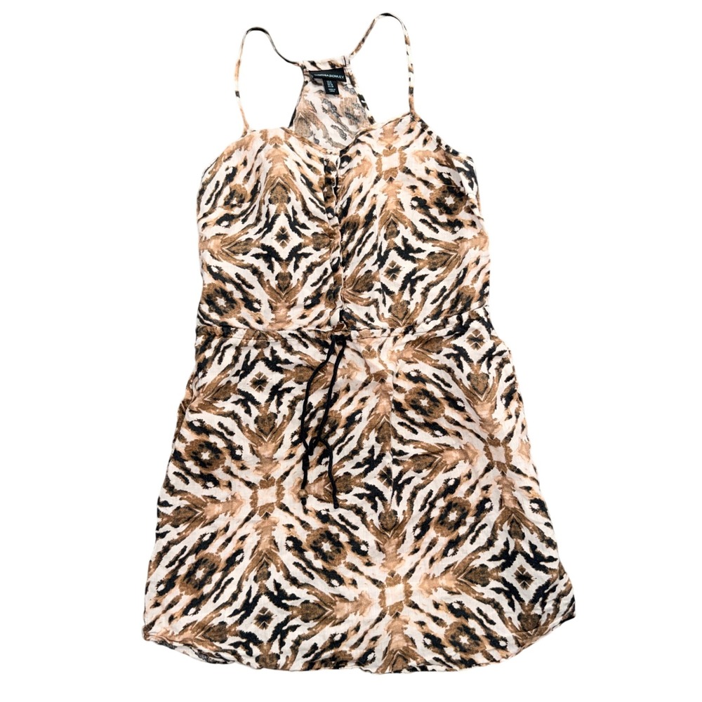 Cynthia Rowley Womens Size 6 Animal Print Racerback Mini Dress Tan Black Sleevel